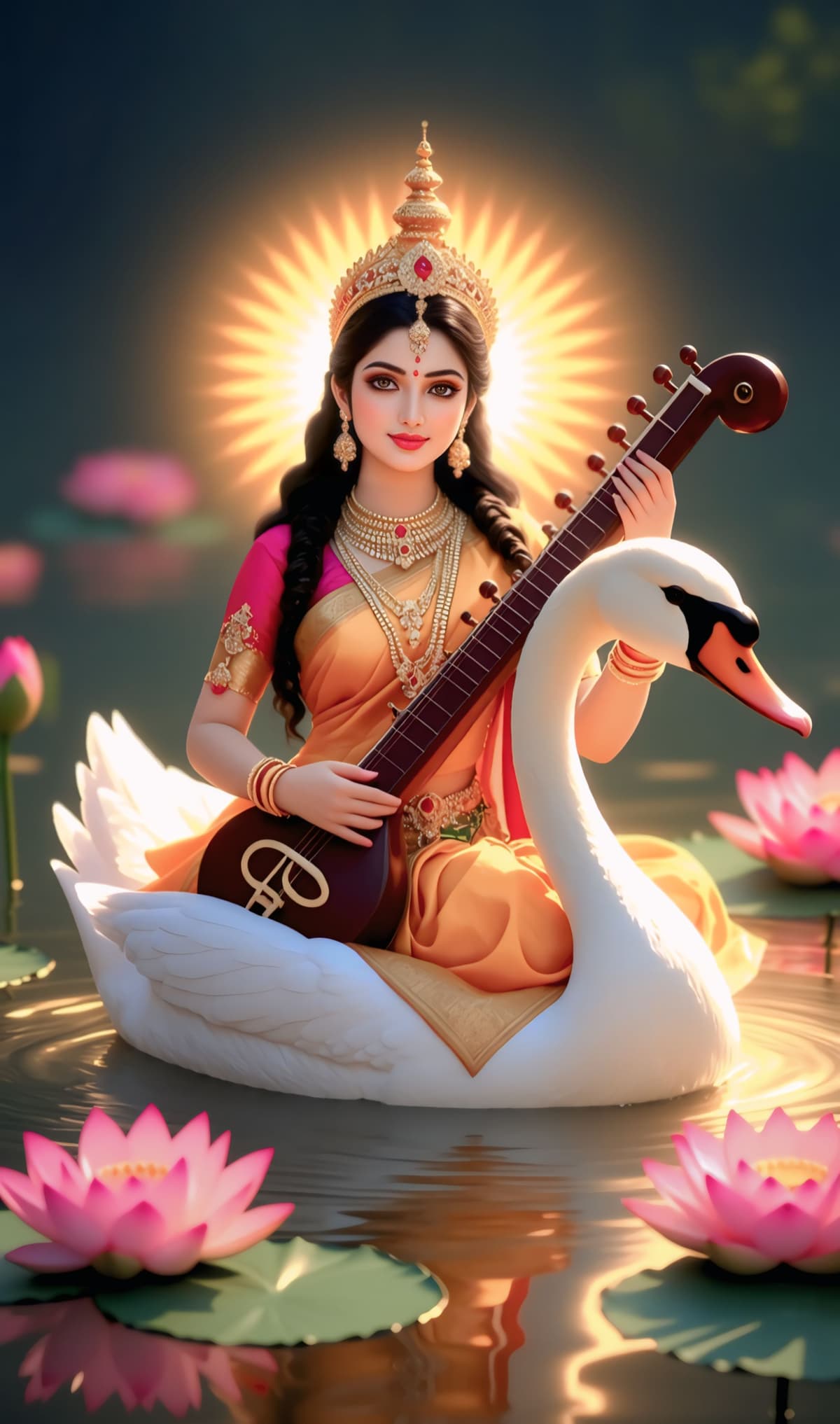 4K image of Goddess Saraswati holding veena seated on swan with golden halo, free to download