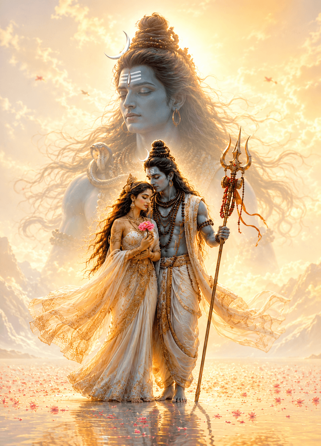 Divine 4K Shiv Parvati image featuring Lord Shiva with Trishul and Goddess Parvati in golden attire, free HD download for wallpapers and devotional use.