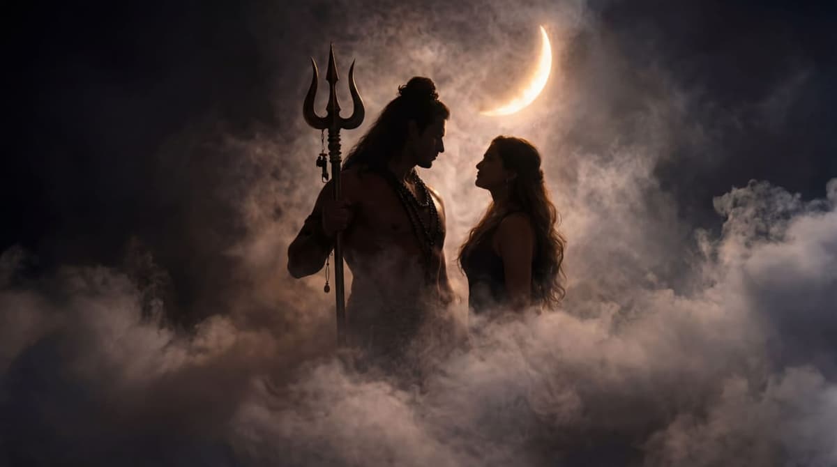 Dark 4K silhouette image of Lord Shiva and Goddess Parvati under crescent moon with trishul, free HD wallpaper download.