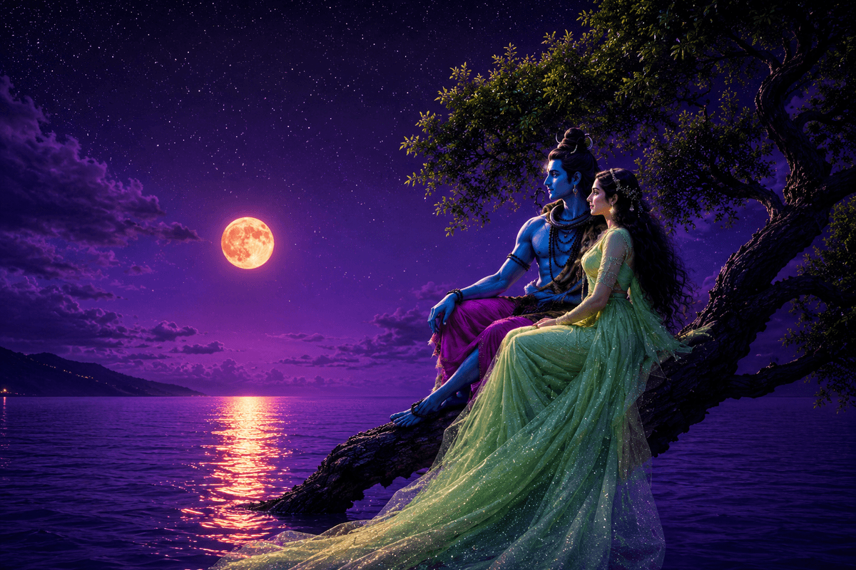 Beautiful 4K Shiv Parvati image under a moonlit sky beside a lake, free HD wallpaper and royalty-free download for devotional use.