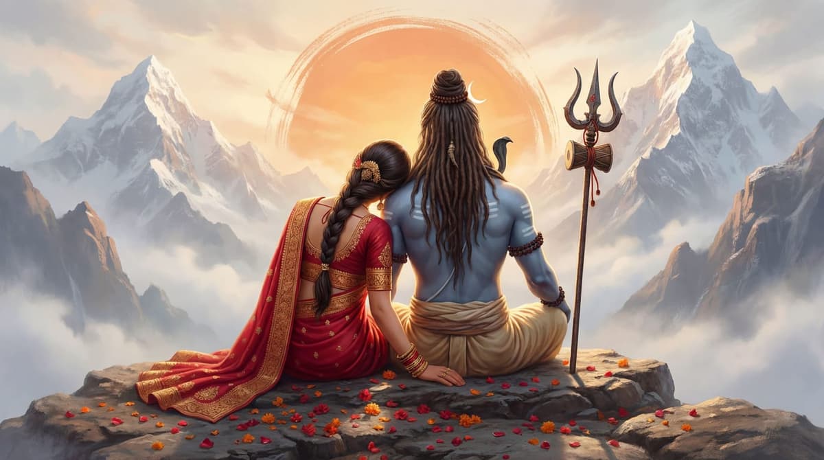 4K image of Lord Shiva and Goddess Parvati sitting in Himalayas at sunrise, free HD wallpaper download.