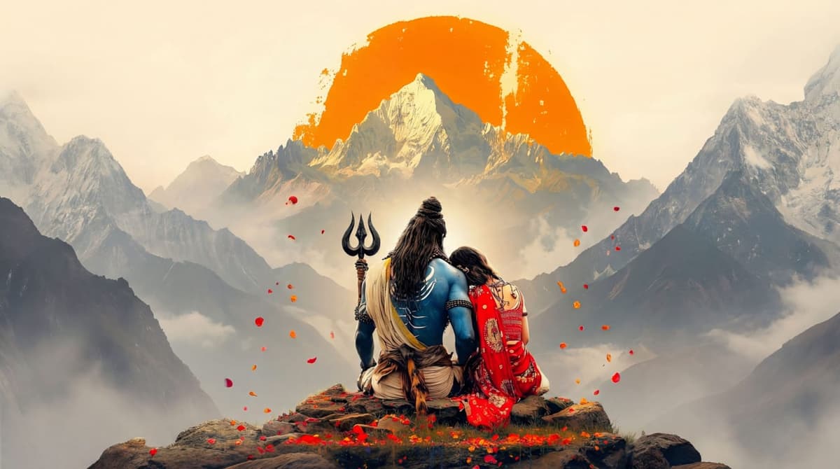 4K image of Lord Shiva and Goddess Parvati sitting on mountain cliff facing Kailash at sunset, free HD wallpaper download.