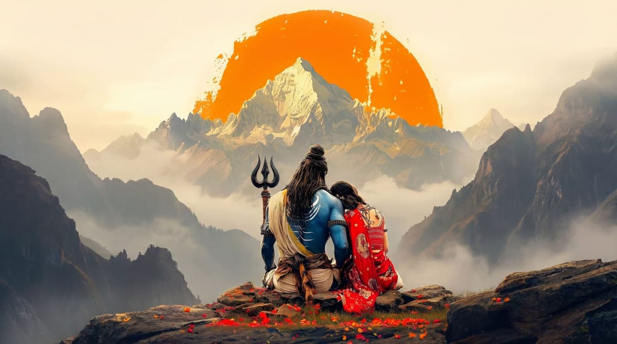 image of Lord Shiva and Goddess Parvati sitting on cliff facing Mount Kailash at sunrise, free HD wallpaper download.