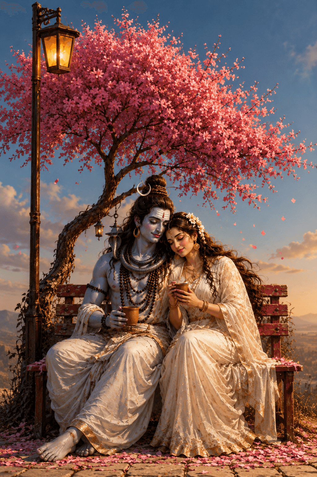 Beautiful 4K image of Lord Shiva and Goddess Parvati sharing a peaceful moment under a blooming tree, free HD wallpaper and instant download.