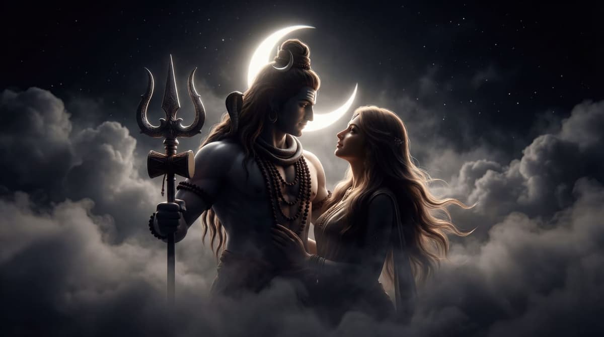4K romantic image of Lord Shiva and Goddess Parvati under crescent moon with trishul, free HD wallpaper download.