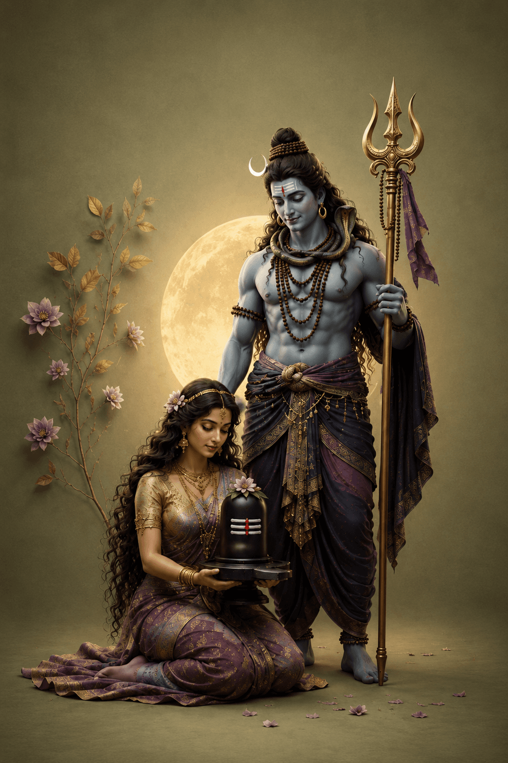 Beautiful 4K image of Goddess Parvati holding a sacred Shivling beside Lord Shiva with a trishul under the full moon, free HD wallpaper and instant download.