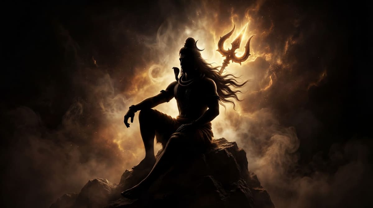 Shiva sitting on a mountain rock, glowing golden aura behind him, trishul shining with divine light, dramatic smoke and cosmic fire background, high contrast lighting, hyper detailed 4K wallpaper, dark fantasy devotional style, epic composition