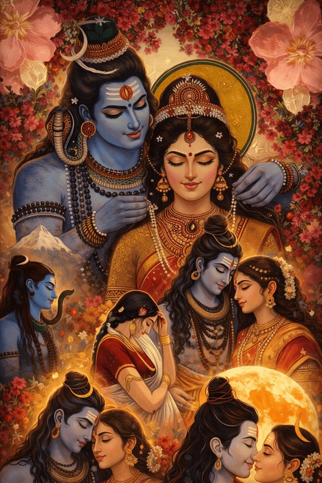 Beautiful 4K image of Lord Shiva and Goddess Parvati in divine romantic art style, free HD wallpaper download.