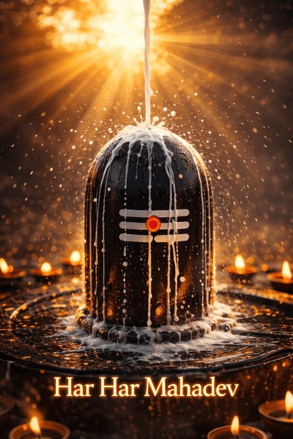 4K image of Shiva Lingam with milk abhishek and glowing Har Har Mahadev text, free HD wallpaper download.