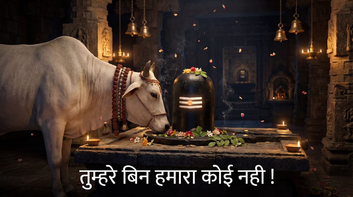 devotional image of Nandi bowing before Shiva Lingam inside ancient temple, free HD wallpaper download.