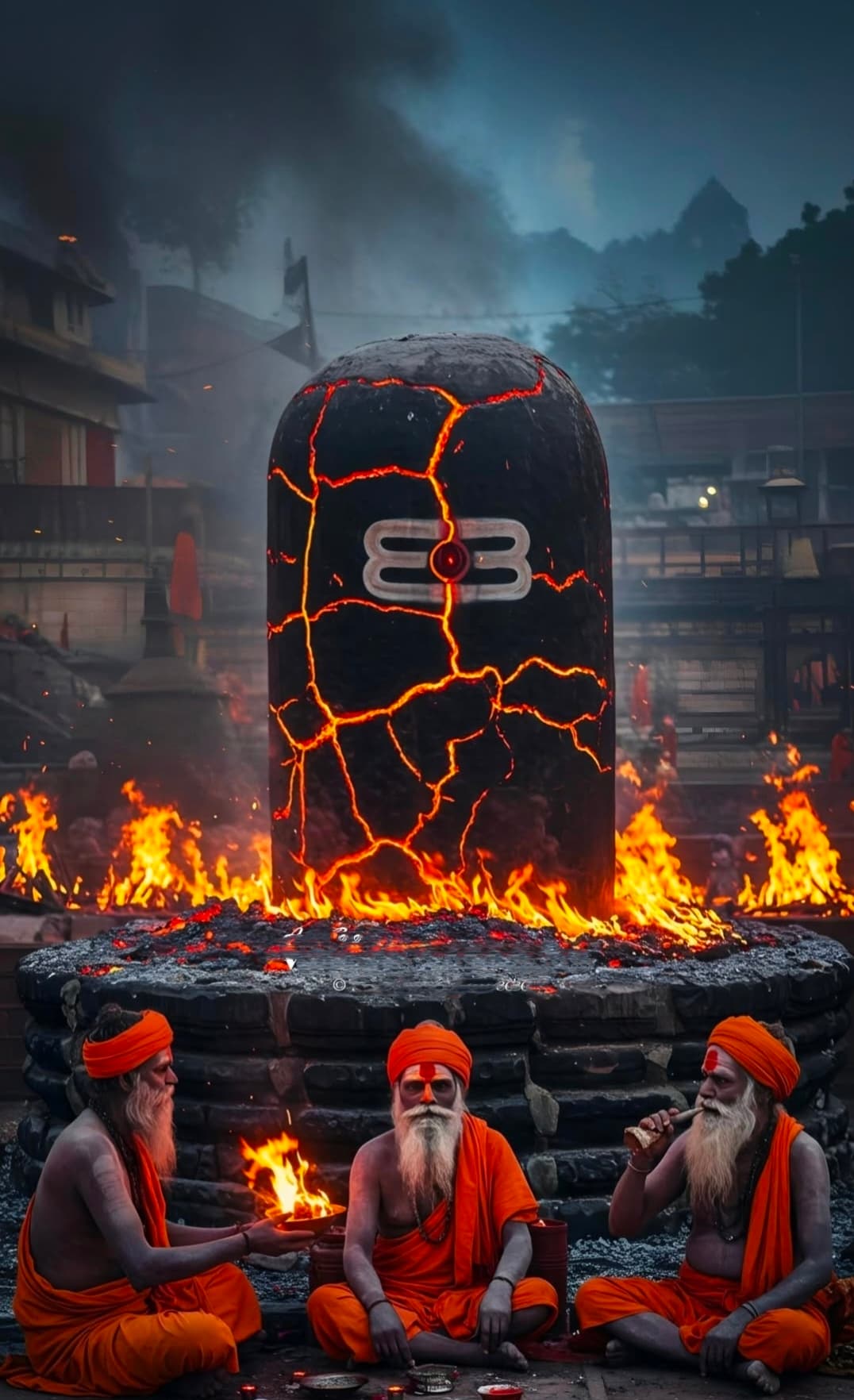Shiva Lingam with fire and sadhus offering prayers