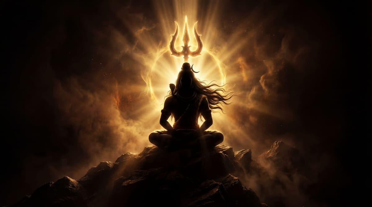 4K cinematic image of Lord Shiva meditating with glowing trishul halo and golden aura, free HD wallpaper download.