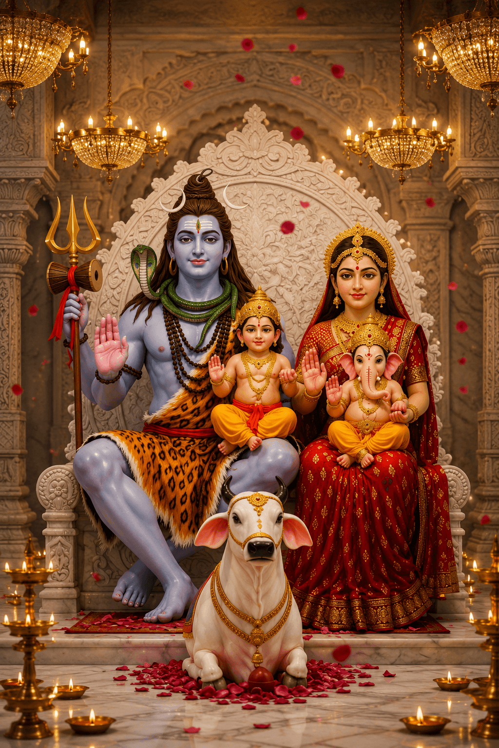 Beautiful 4K Shiva Parivar image featuring Lord Shiva, Goddess Parvati, Lord Ganesha, Lord Kartikeya, and Nandi in a divine temple, free HD download.