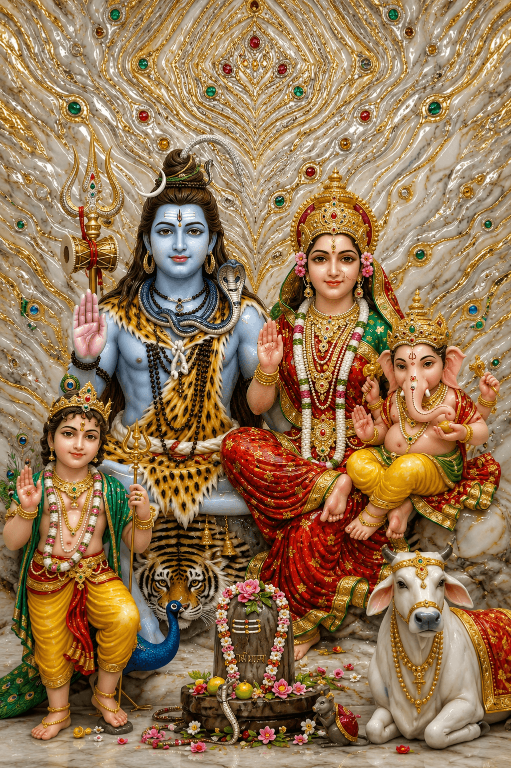 Beautiful 4K Shiva Parivar image featuring Lord Shiva, Goddess Parvati, Lord Ganesha, Lord Kartikeya, Nandi, and a sacred Shivling, free HD download for wallpapers and devotional use.