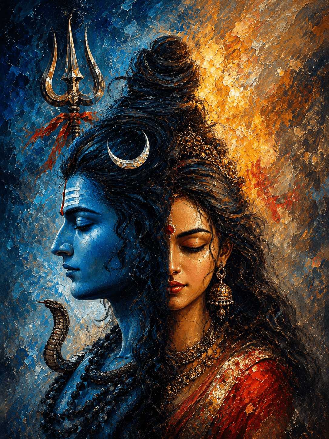Stunning 4K digital artwork of Lord Shiva and Goddess Parvati in a split-face portrait with a sacred trident, crescent moon, and serpent, free HD download.