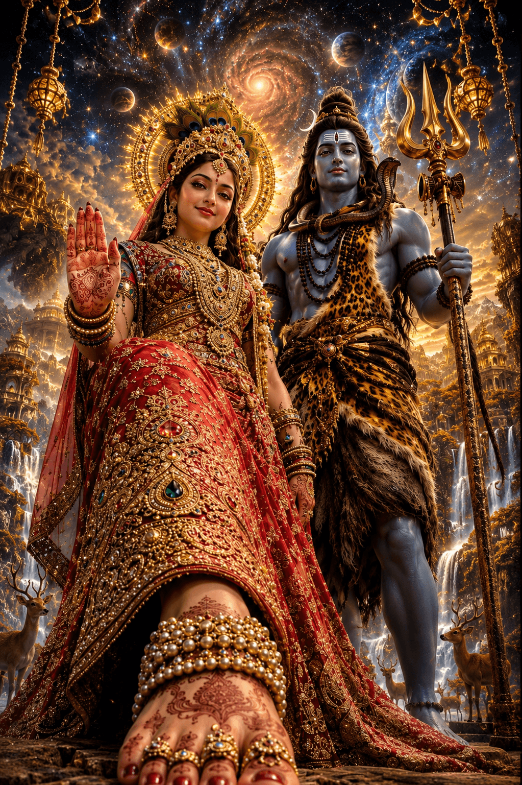 Magnificent 4K image of Lord Shiva and Goddess Parvati with a cosmic galaxy sky, sacred trident, waterfalls, and divine blessings, free HD wallpaper download.