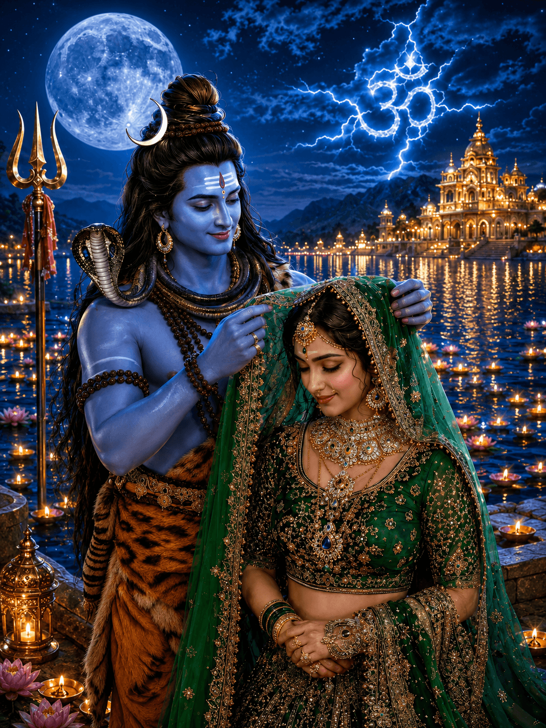Stunning 4K image of Lord Shiva lovingly placing a green bridal veil over Goddess Parvati beside a glowing temple under a full moon, with the Om symbol in the night sky, free HD download.