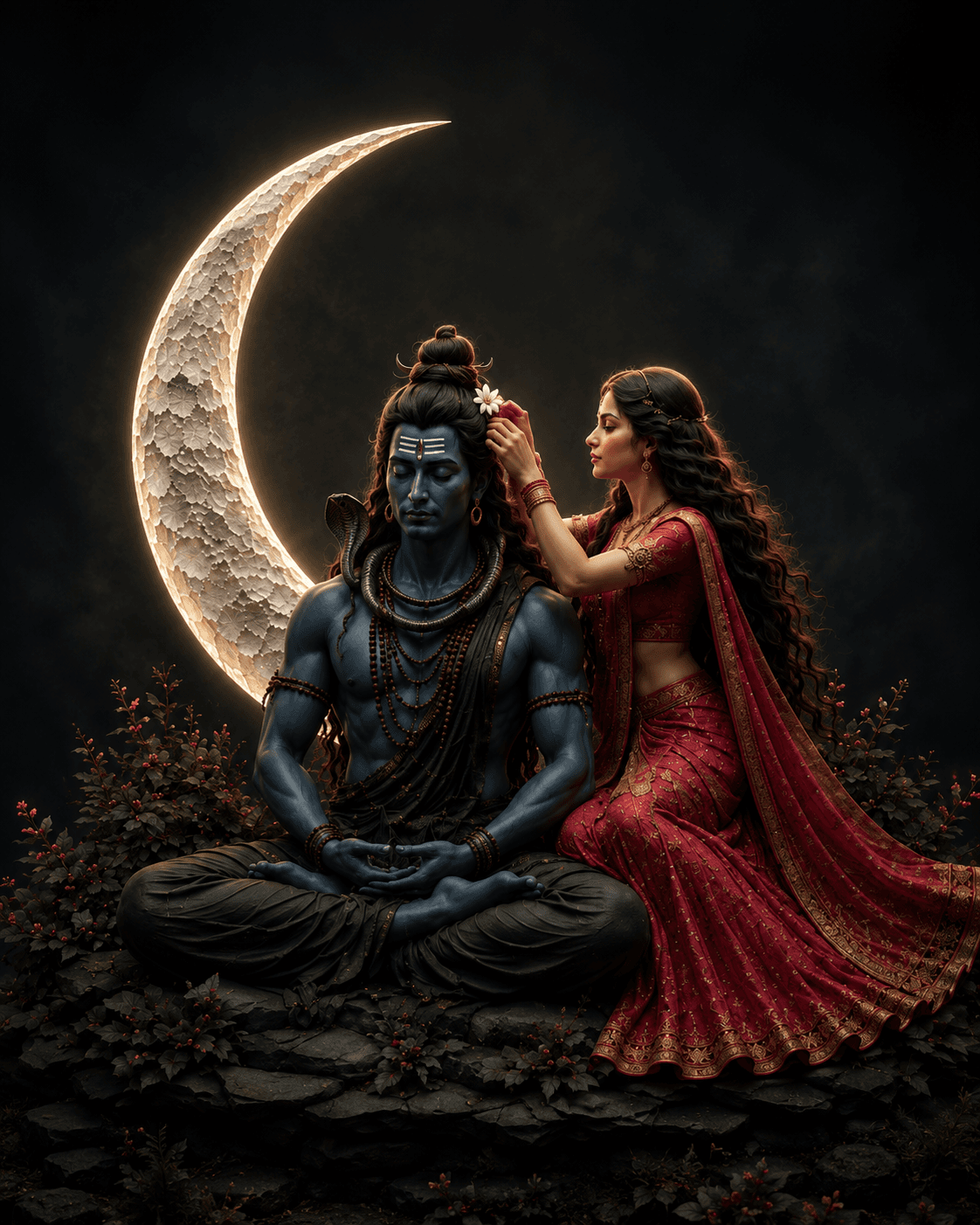 Beautiful 4K image of Lord Shiva meditating while Goddess Parvati adorns his hair with a flower beneath a glowing crescent moon, free HD download.