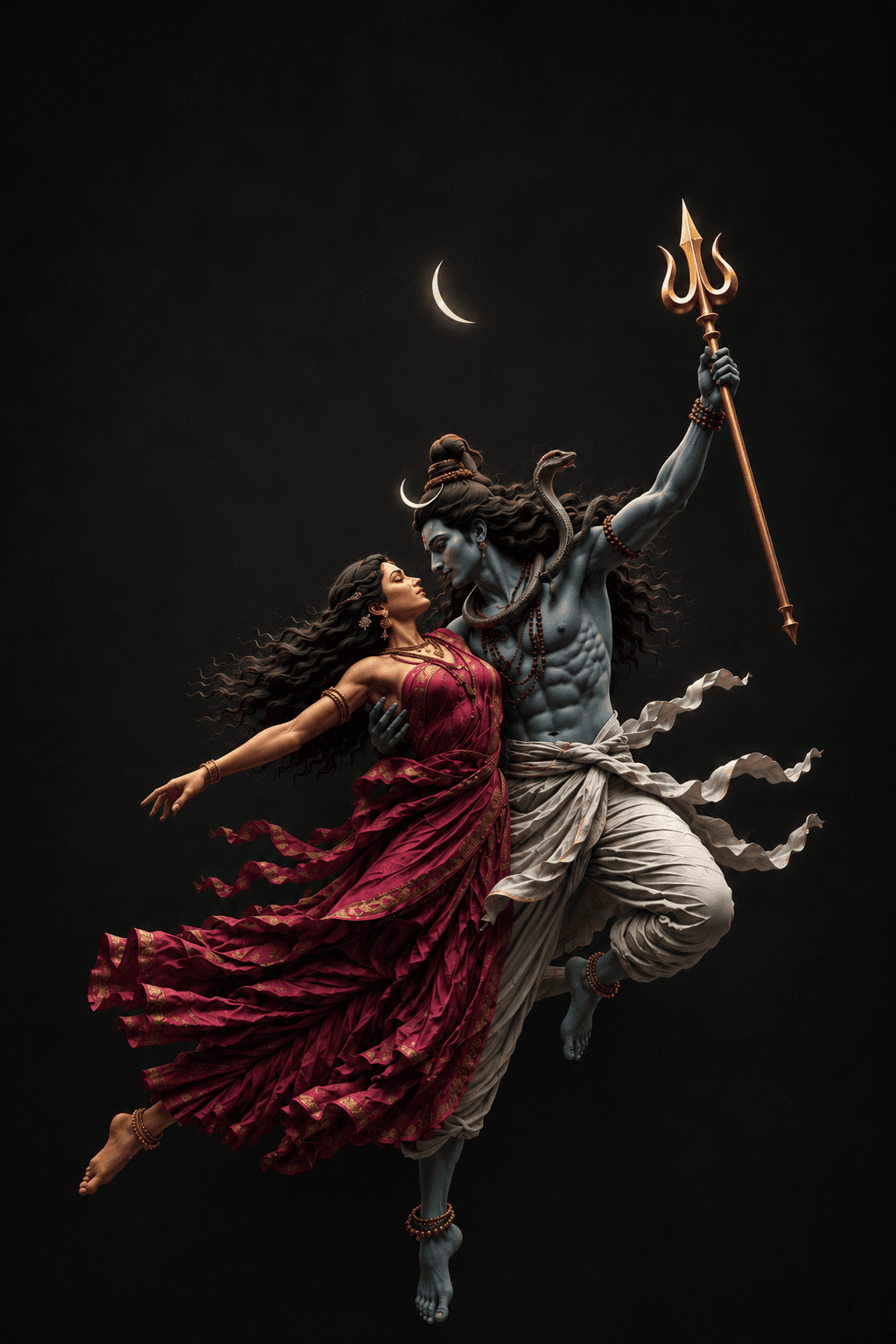 Divine 4K image of Lord Shiva and Goddess Parvati in a graceful cosmic dance, with Shiva holding a trident beneath a crescent moon, free to download in HD.