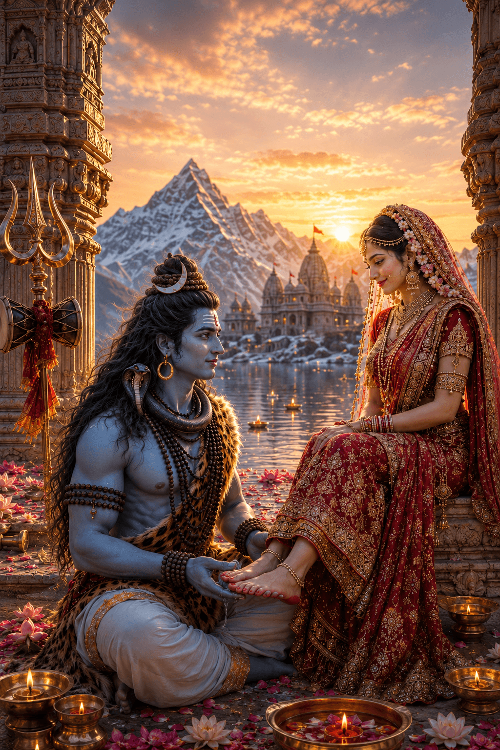 Stunning 4K image of Lord Shiva and Goddess Parvati at Kailash with a sacred Trishul, Damru, Himalayan temple, lotus lamps, and golden sunset, free HD wallpaper download.