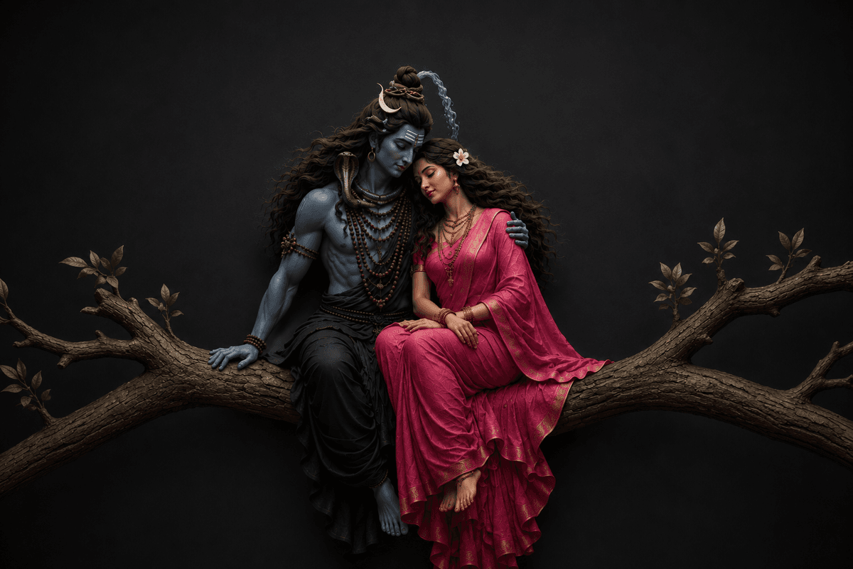 Beautiful 4K image of Lord Shiva and Goddess Parvati sitting together on a tree branch in a peaceful embrace, featuring the sacred serpent, crescent moon, and divine aura, free HD download.