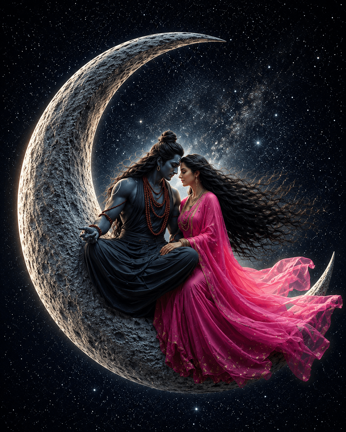 Beautiful 4K image of Lord Shiva and Goddess Parvati sitting on a crescent moon under a starry sky, free HD wallpaper download.