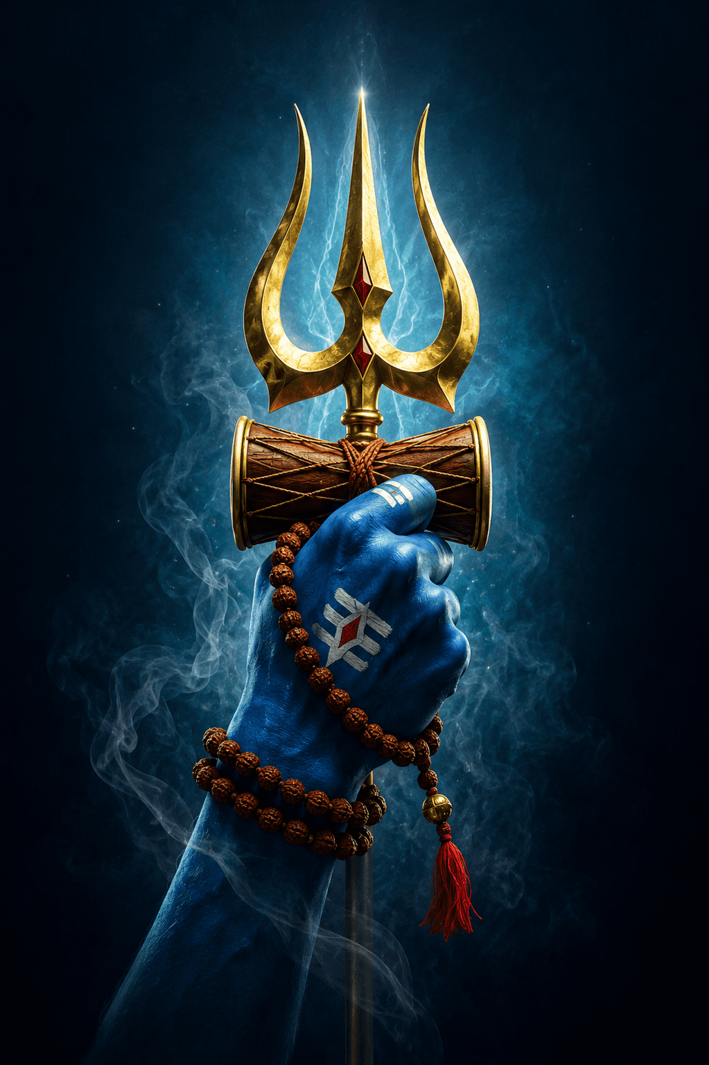 Powerful 4K image of Lord Shiva's blue hand holding the Trishul and Damru with Rudraksha beads, free HD wallpaper and instant download.