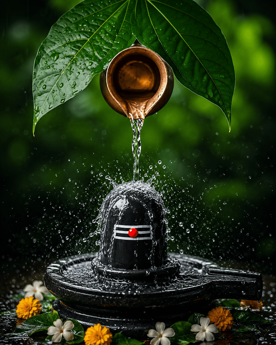 Beautiful 4K image of a sacred Shivling receiving Jal Abhishek beneath a fresh Bel Patra leaf with flowing water, flowers, and a divine natural background, free HD wallpaper download.