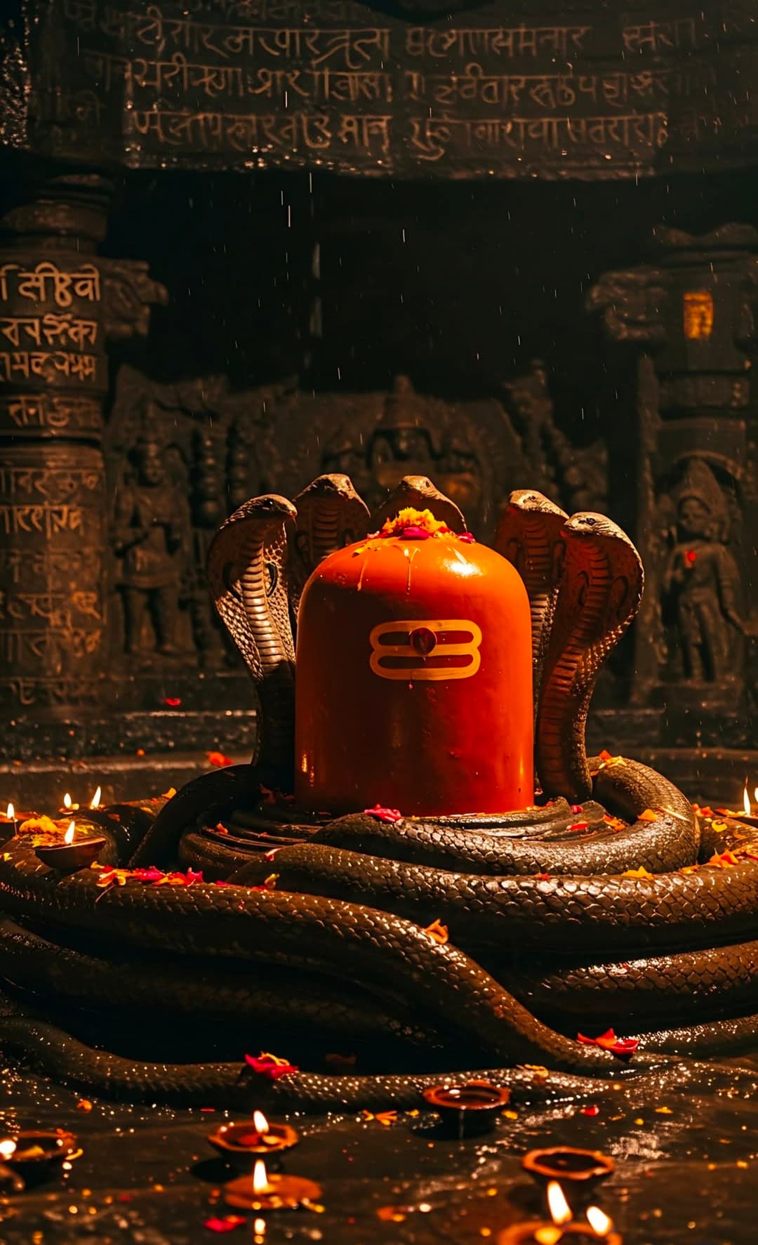 Shivling with snakes and diyas in a temple