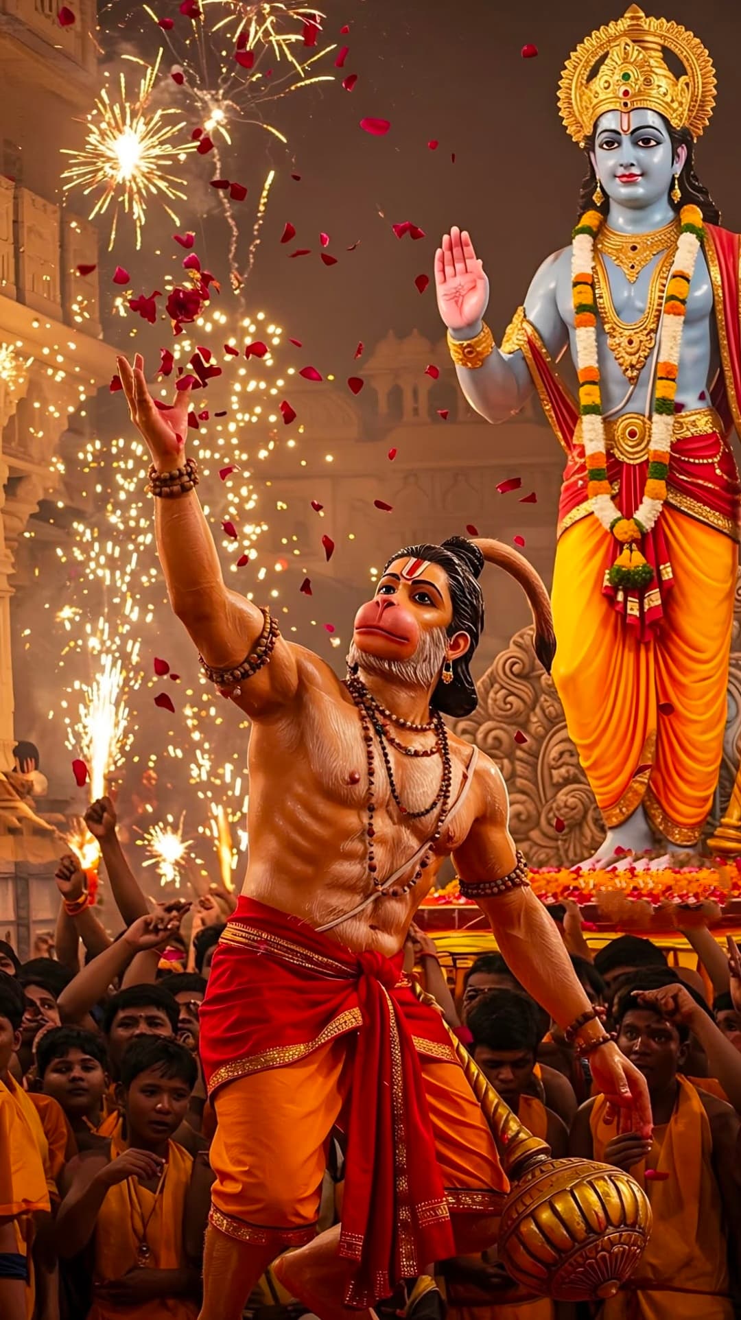 Shri Hanuman celebrating with devotion in front of Lord Rama statue with fireworks and devotees.