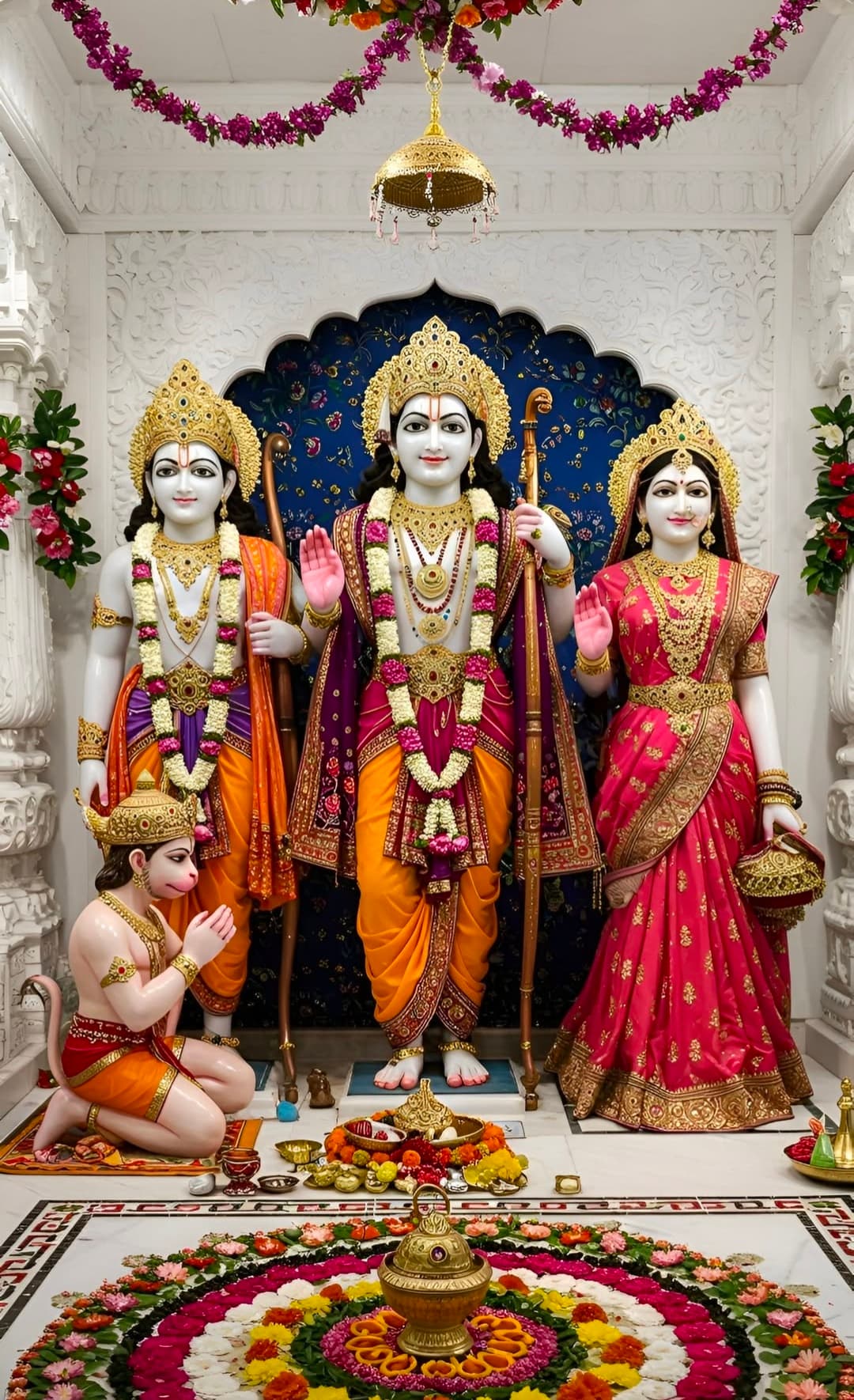 Shri Ram Darbar idols of Lord Ram, Sita, Lakshman, and Hanuman decorated with garlands in temple.