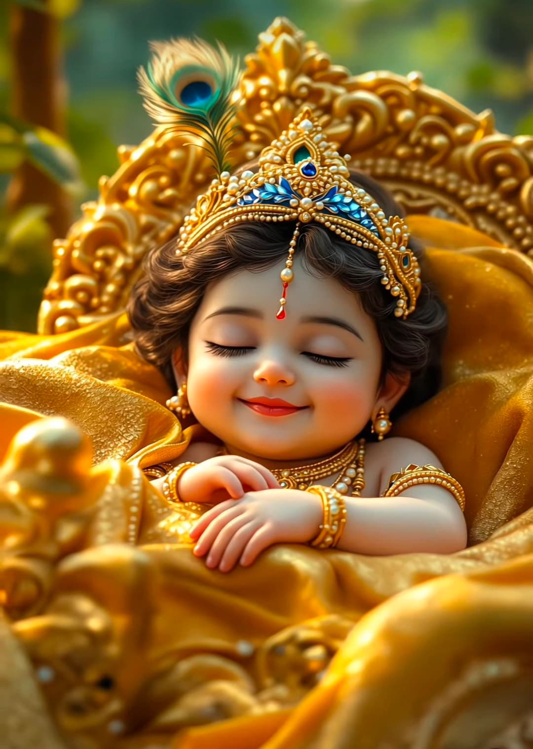 Baby Krishna sleeping peacefully with crown and ornaments