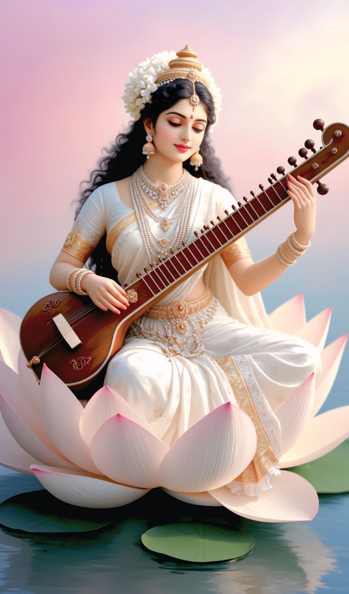 Peaceful Goddess Saraswati playing veena on lotus under pastel sky, free HD image