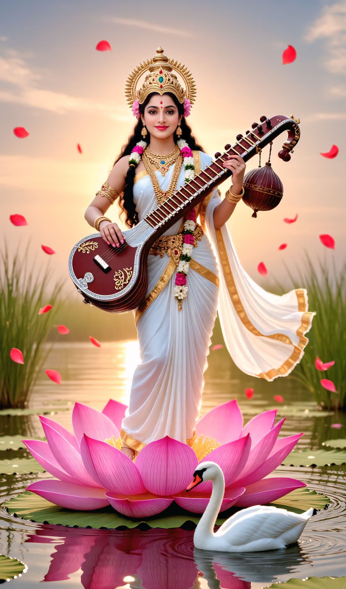 Standing Goddess Saraswati on lotus with swan and veena, HD image free download.
