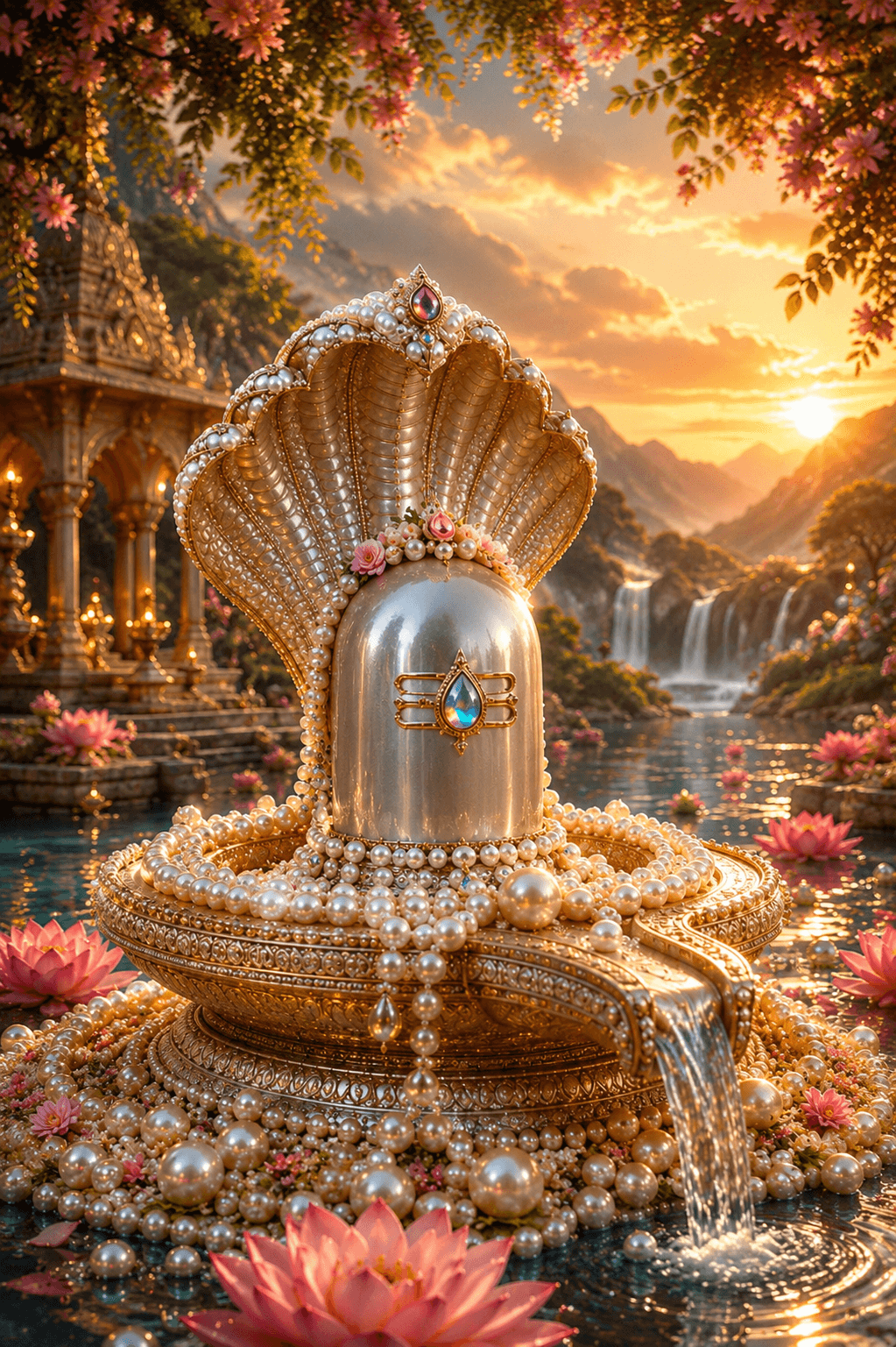 Divine 4K Shivling with a pearl-adorned Nag beside a waterfall at sunrise, free HD wallpaper and instant download.