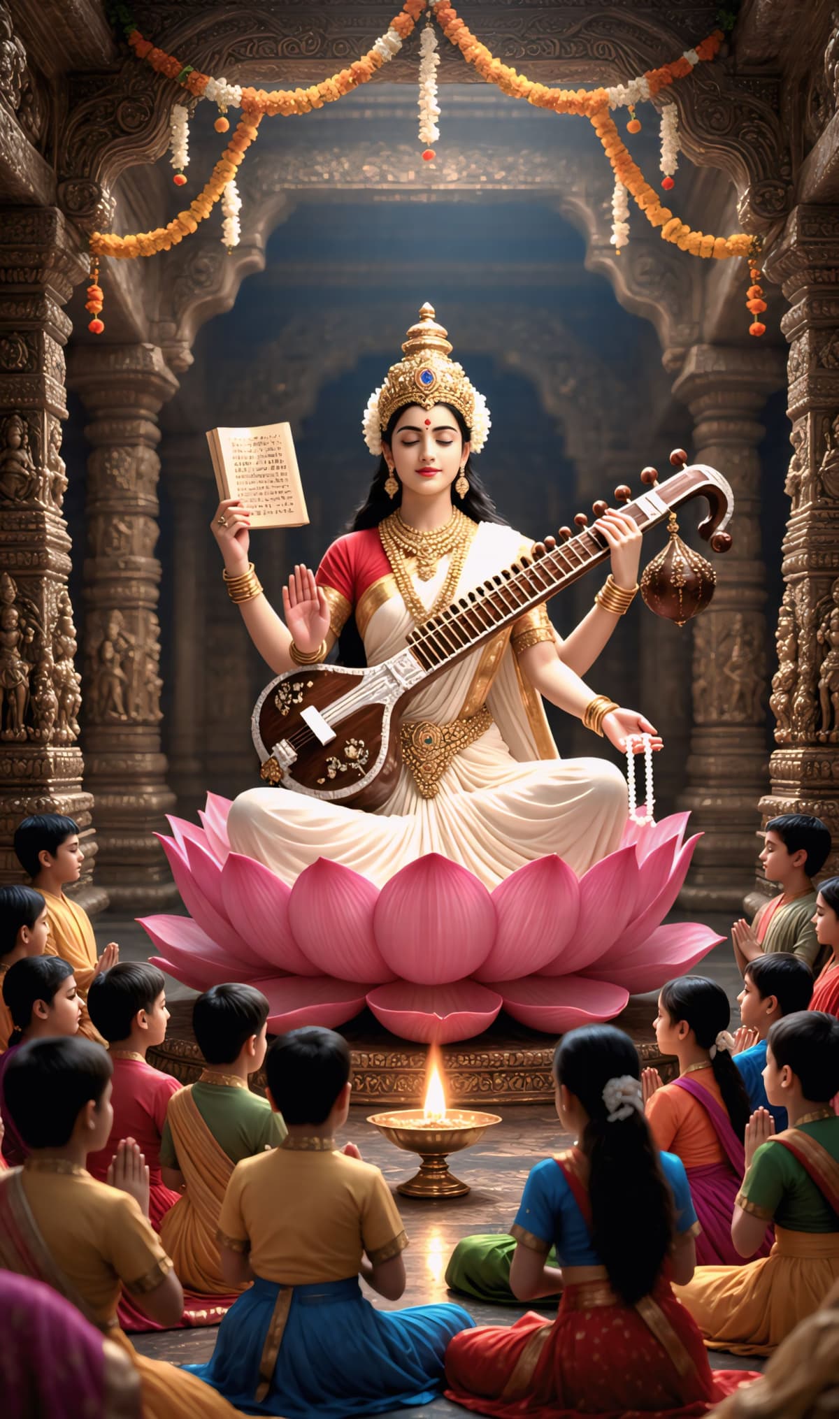 Temple scene of Goddess Saraswati worshipped by children.