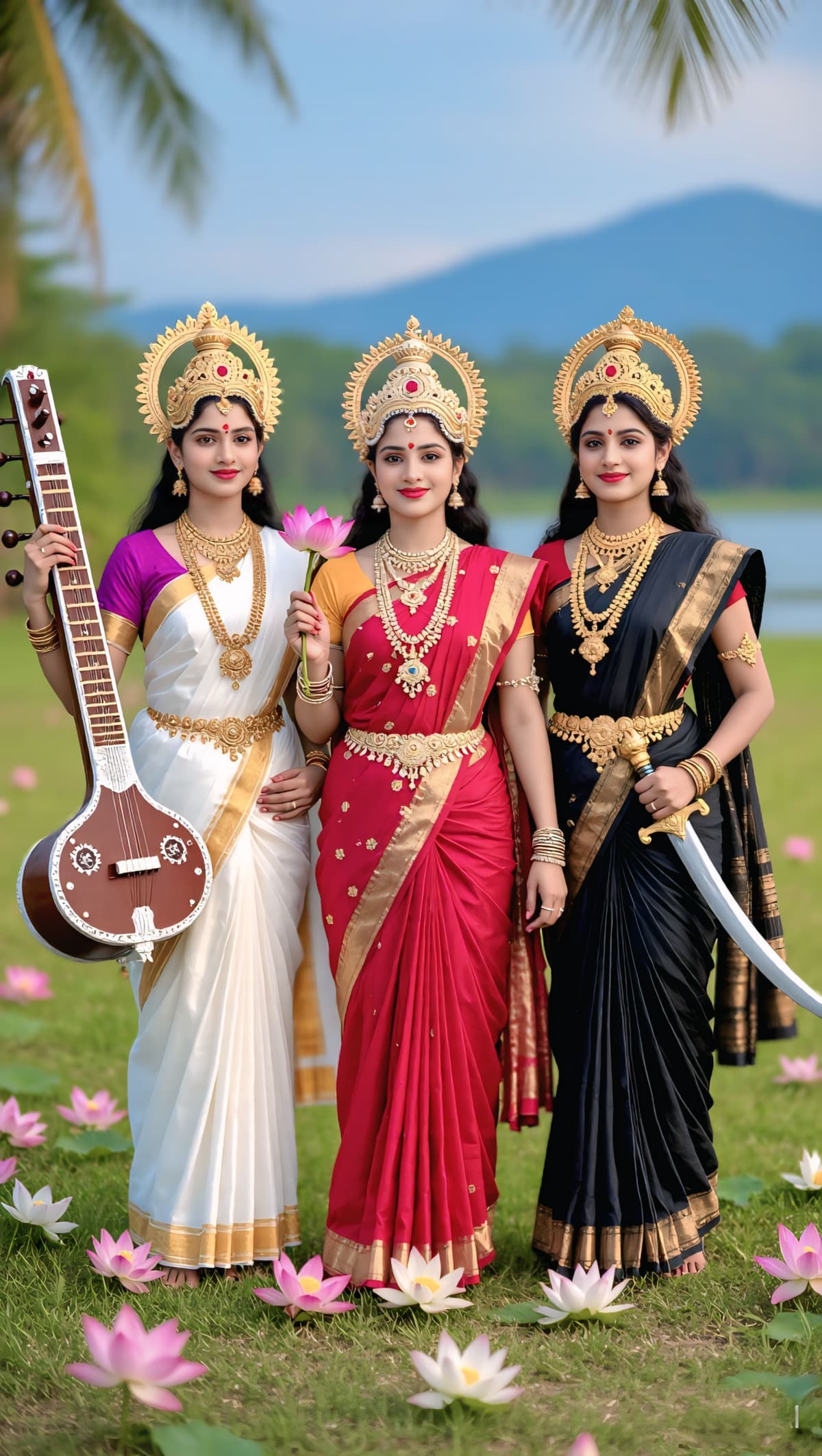 Beautiful 4K image of Tridevi — Goddess Saraswati with veena, Goddess Lakshmi with lotus, and Goddess Parvati with sword — free HD download.