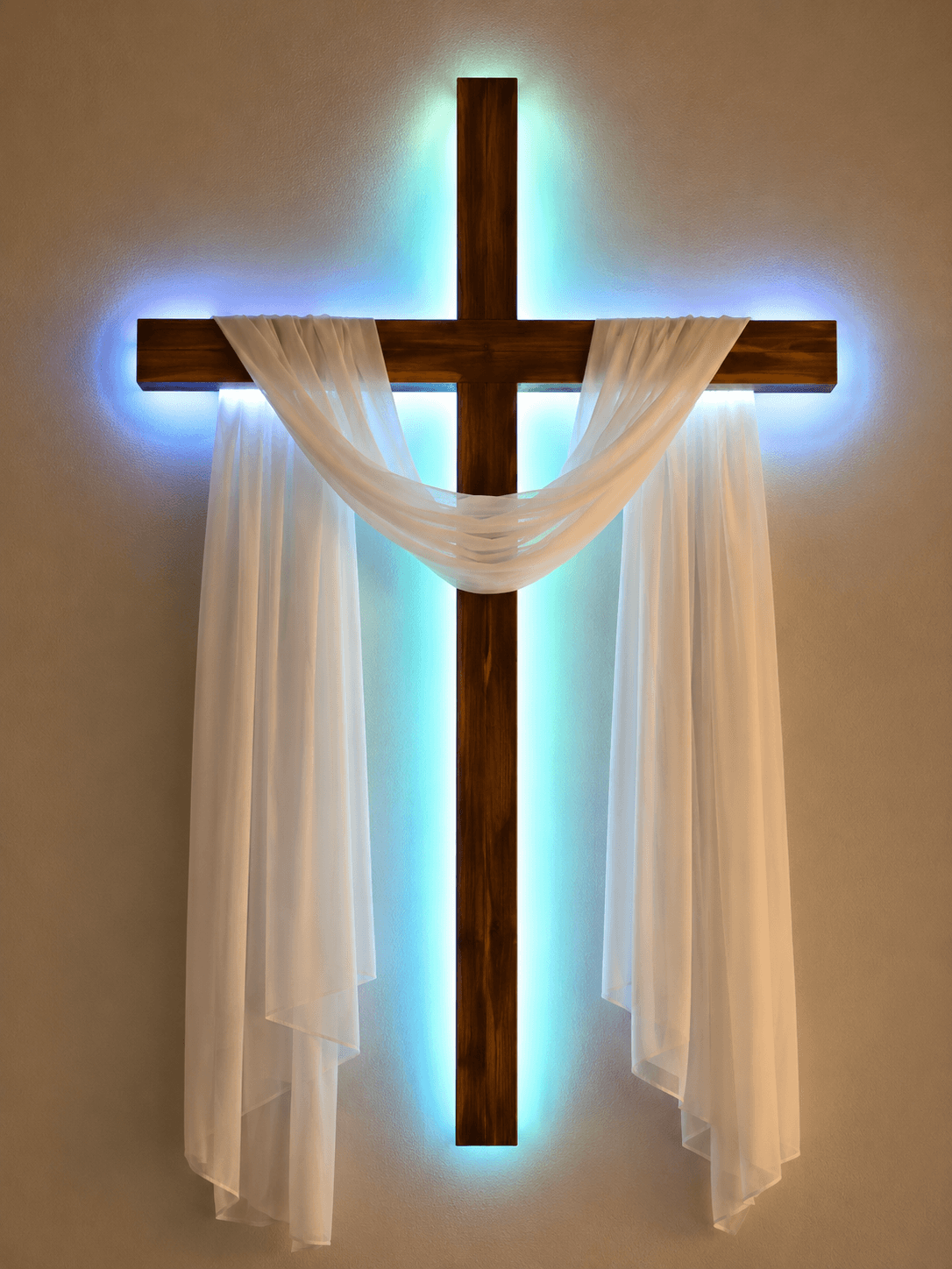 High-resolution 4K image of a wooden Christian cross draped with a white cloth and glowing blue backlight, perfect for Easter, church décor, Christian wallpapers, and devotional artwork.
