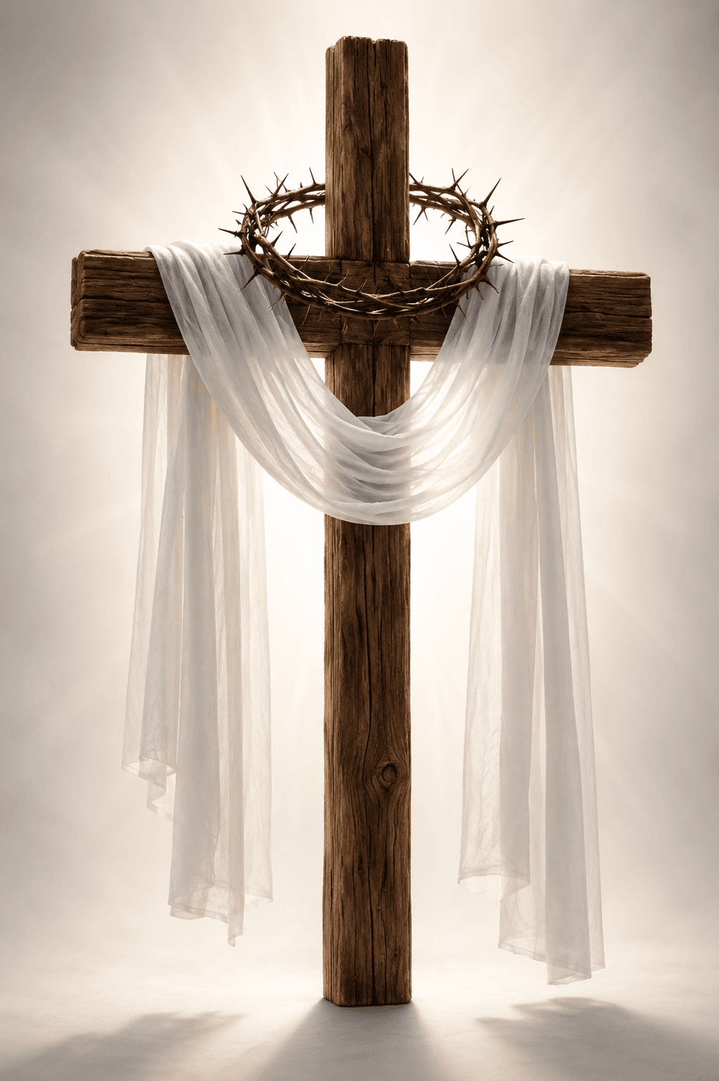 High-resolution 4K image of a rustic wooden Christian cross with a crown of thorns and white draped cloth, symbolizing the resurrection, perfect for Easter, church décor, and Christian wallpapers.