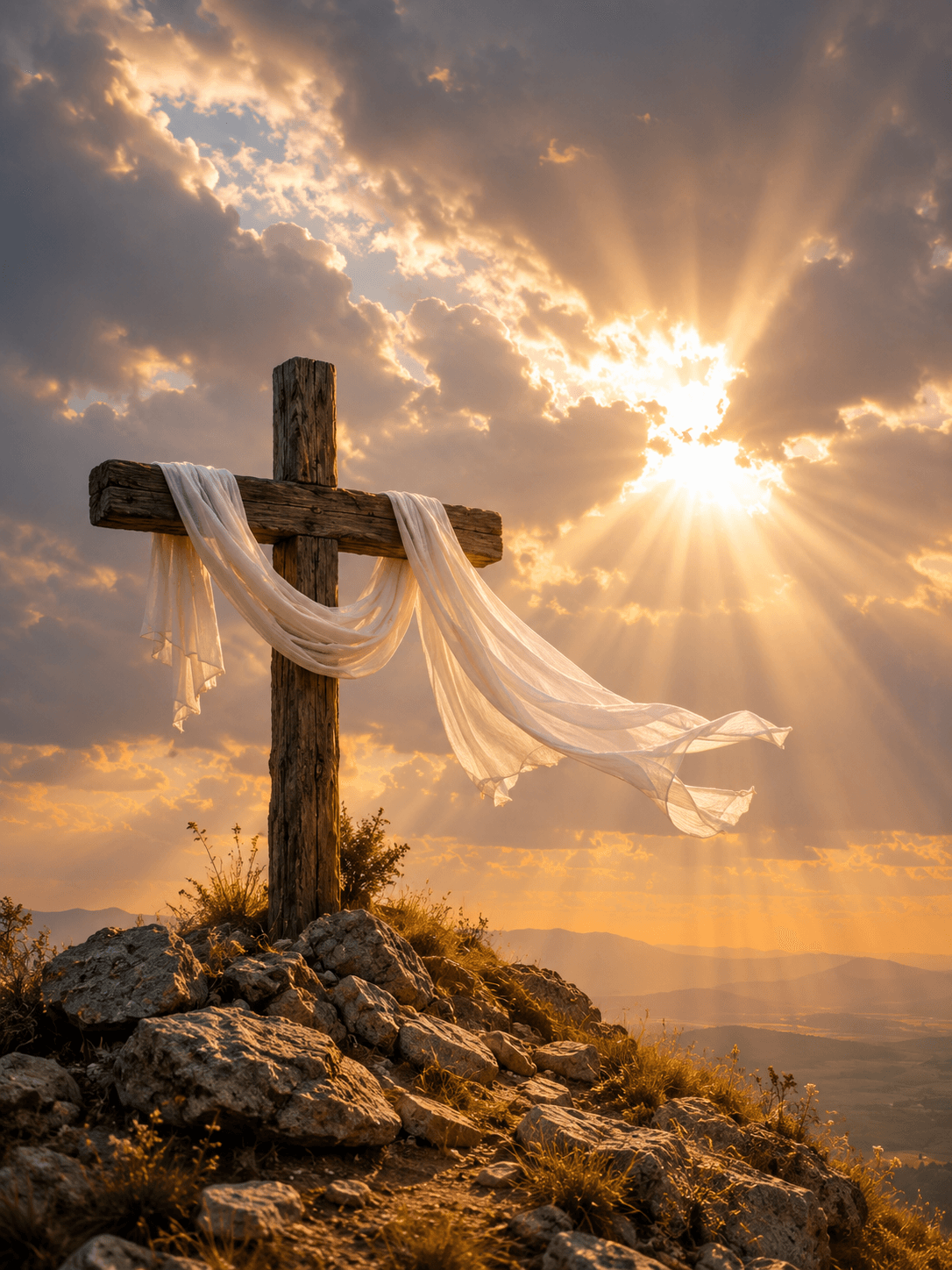 High-resolution 4K image of a wooden Christian cross draped with a white cloth on a mountain at sunrise, with golden sun rays shining through the clouds, ideal for Easter, Christian wallpapers, and devotional artwork.