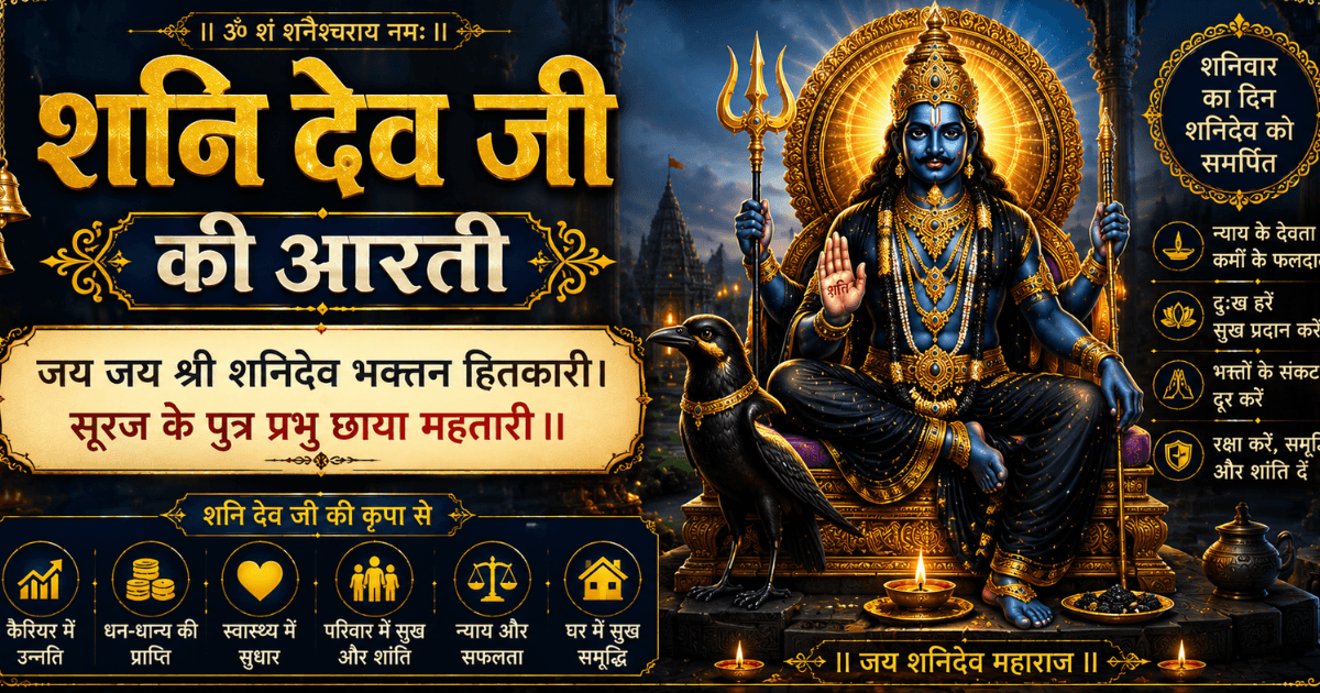 Shani Dev Ji Ki Aarti ka devotional image with diya and divine aura