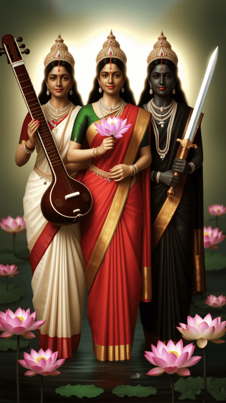 Three Hindu goddesses with veena, lotus, and sword standing among lotus flowers