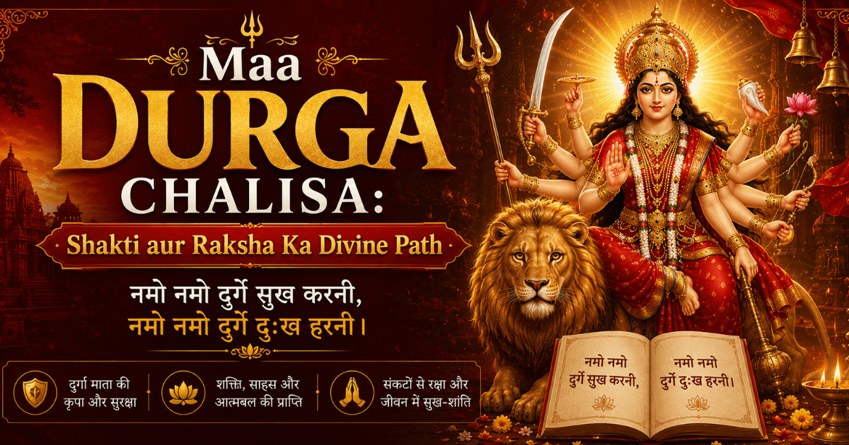 दुर्गा माता चालीसा का दिव्य चित्र, जिसमें माँ दुर्गा शक्ति, भक्ति और संरक्षण के रूप में विराजमान हैं