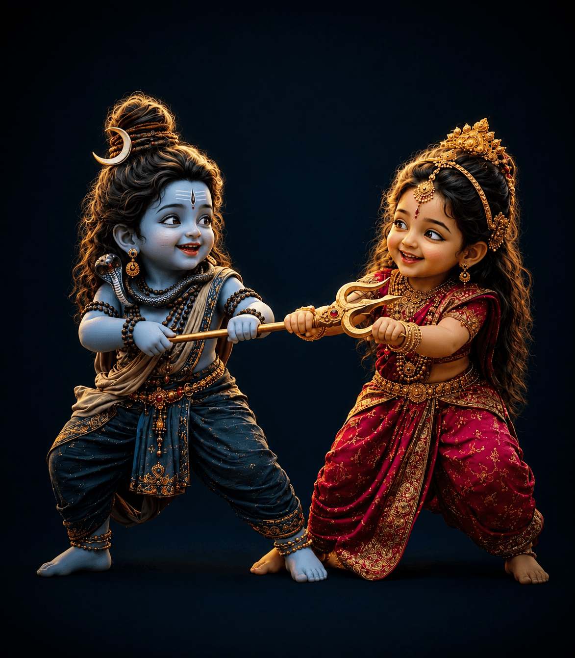 Cute 4K Baby Lord Shiva and Baby Goddess Parvati playfully holding a golden trishul together, free HD wallpaper and instant download.