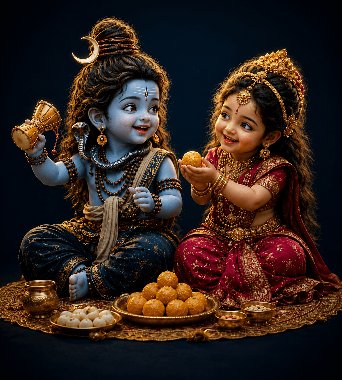 Cute 4K Baby Lord Shiva holding a damru while Baby Goddess Parvati offers laddus, free HD wallpaper and instant download
