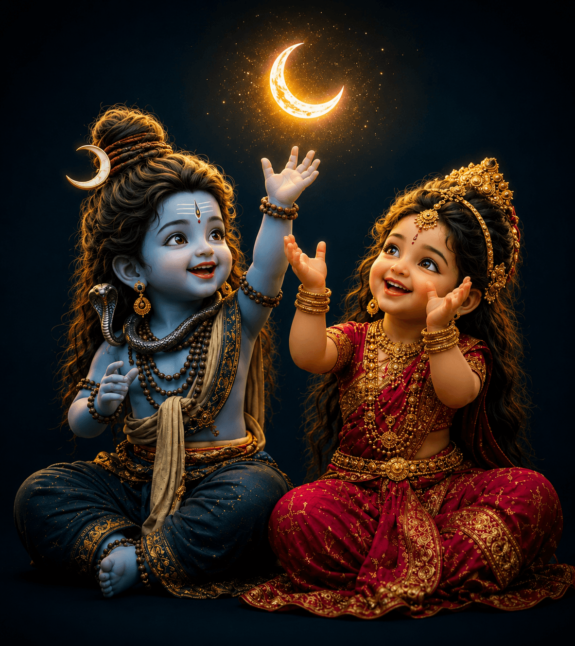 Cute 4K Baby Lord Shiva and Baby Goddess Parvati smiling beneath the glowing crescent moon, free HD wallpaper and instant download.