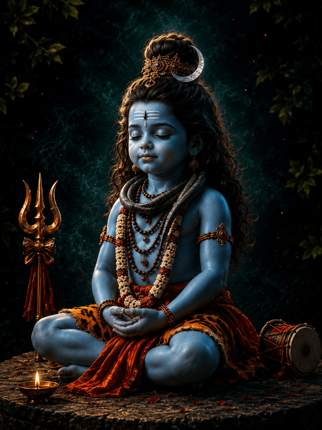 Adorable 4K image of Bal Mahadev meditating with a sacred Trishul, Damru, Rudraksha beads, and crescent moon, free HD wallpaper download.