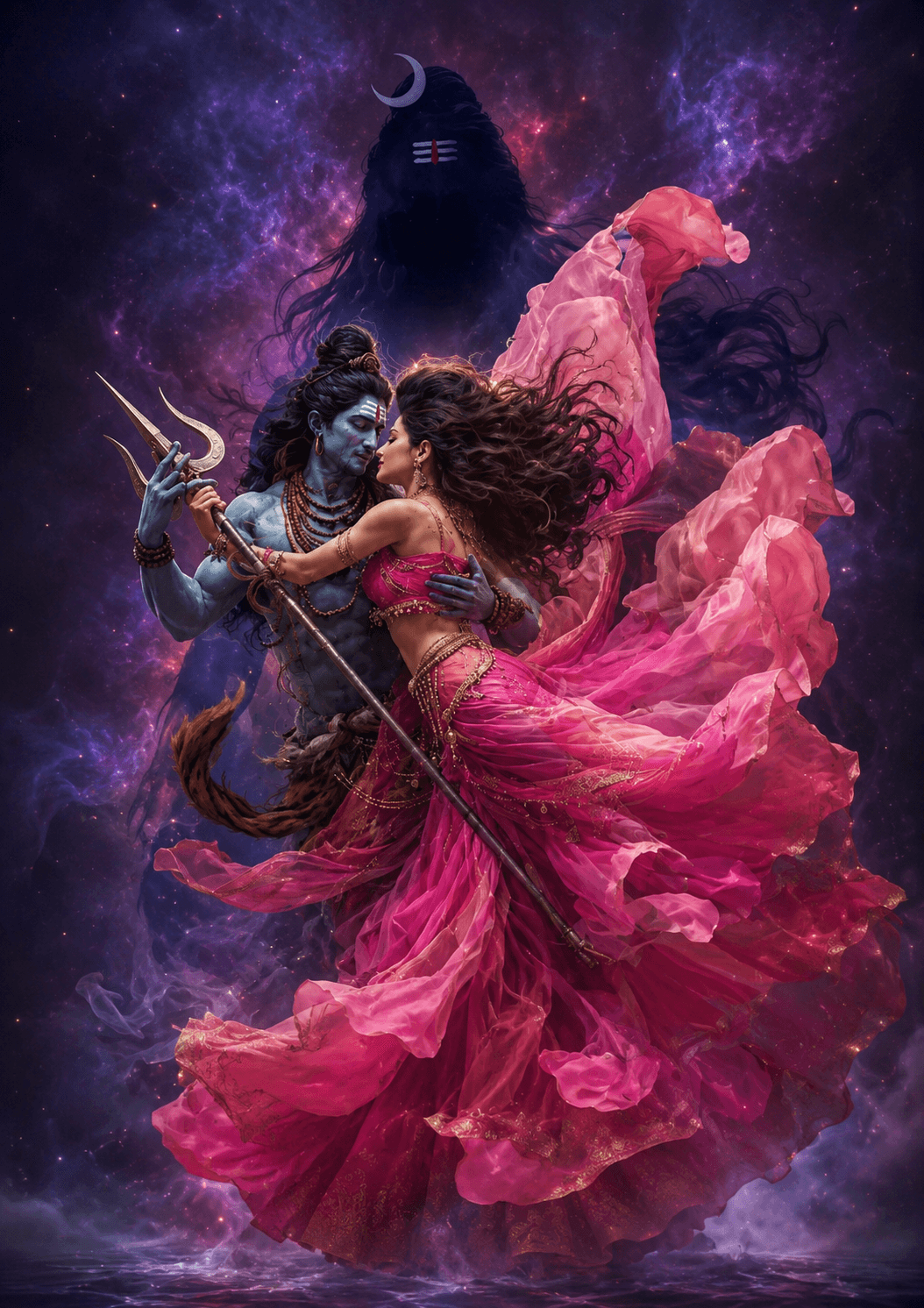 Stunning 4K cosmic artwork of Lord Shiva and Goddess Parvati in a divine embrace with Trishul and a celestial universe backdrop, free HD download for wallpapers, devotional use, and spiritual projects.