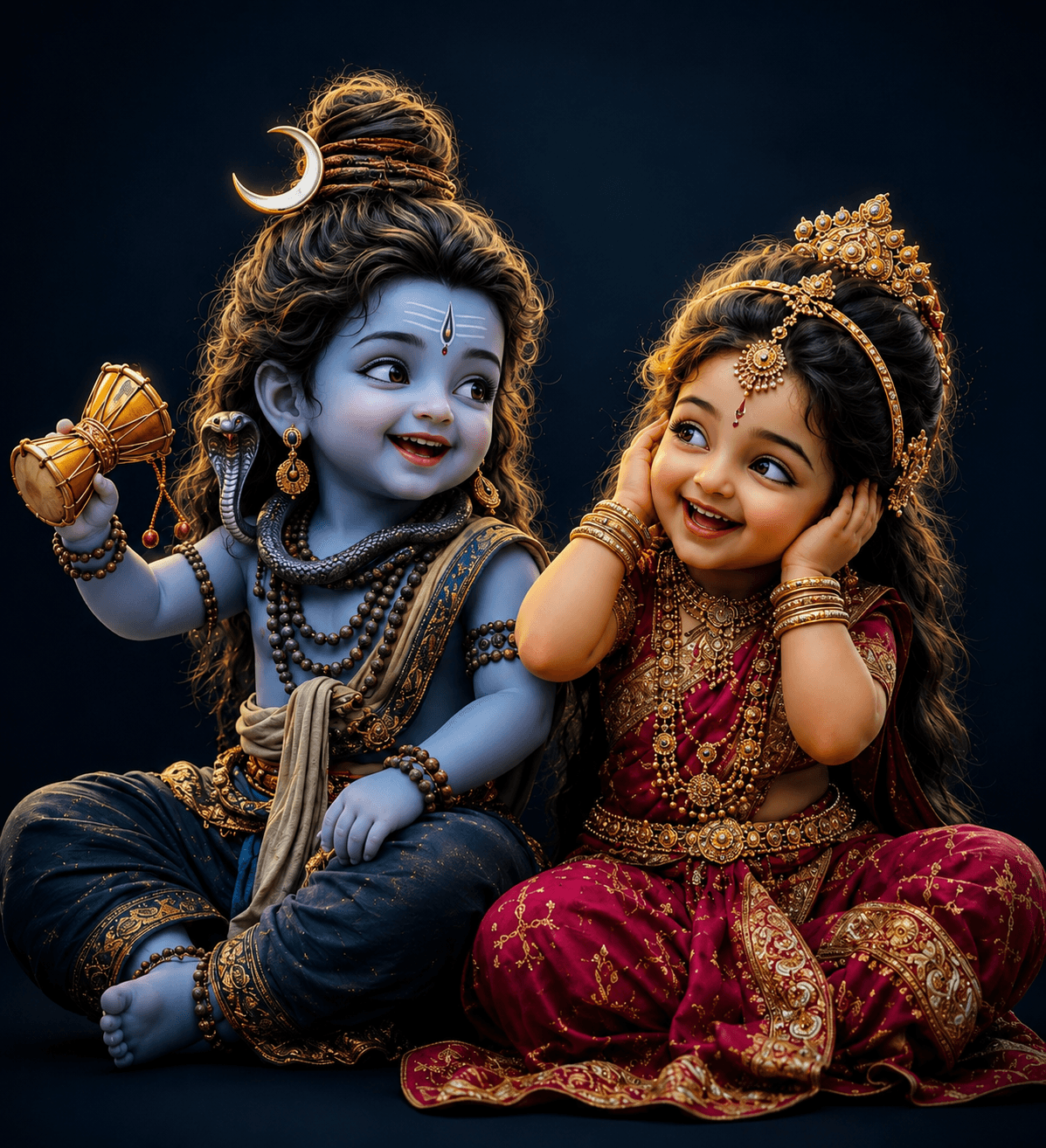 Cute 4K Baby Lord Shiva holding a damru beside Baby Goddess Parvati, both smiling together, free HD wallpaper and instant download.