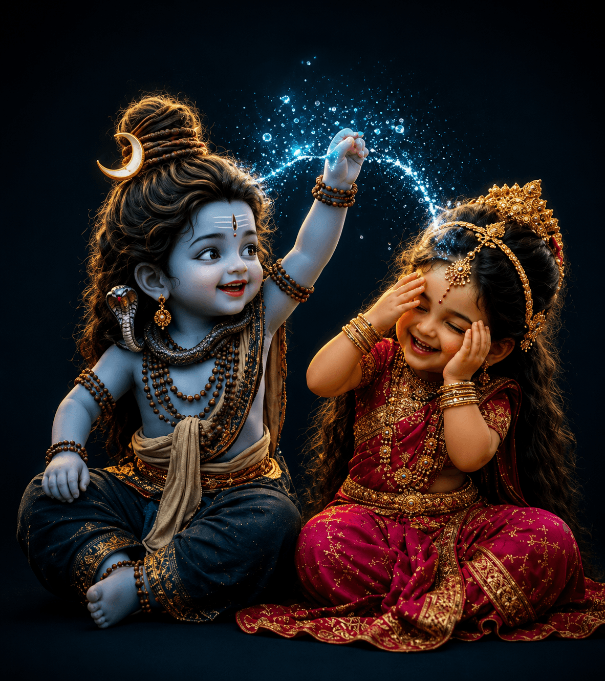 Cute 4K Baby Lord Shiva playfully sprinkling divine water on Baby Goddess Parvati, free HD wallpaper and instant download.